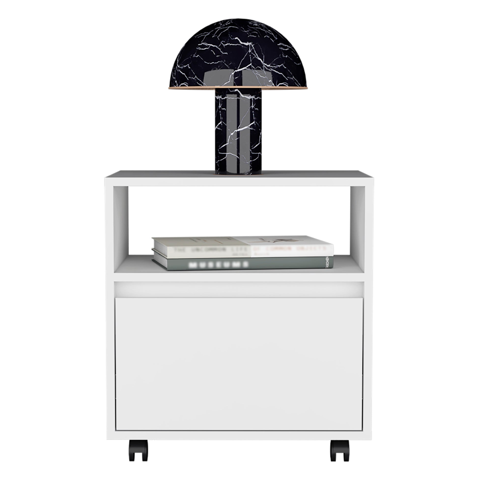 Nightstand 20"H, With One Open Shelf, 1 Drawer And Casters, White White Particle Board Particle Board