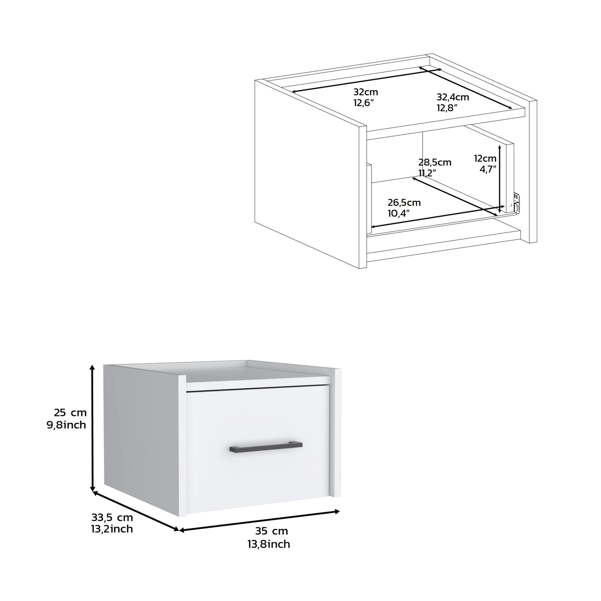 White Modern Floating Nightstand, Space Saving Design With Convenient Drawer And Black Pull Handle White Particle Board Engineered Wood