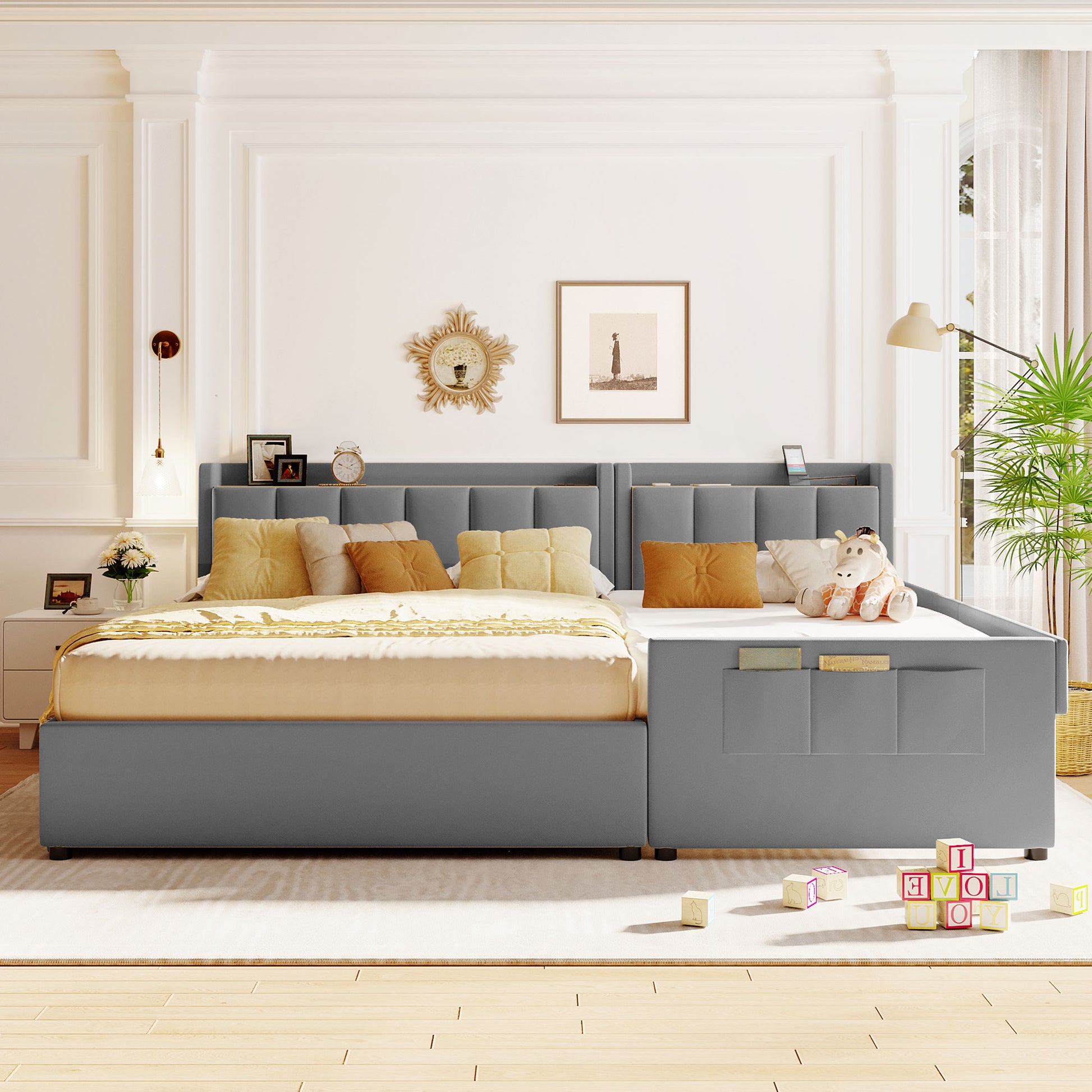 Queen Size & Twin Xl Size Upholstered Platform Bed, Mother & Child Bed With Hydraulic Storage System, Drawer Box, Bedhead Storage Shelf And Two Pairs Of Sockets & Usb Ports, Pu Leather, Gray Gray Pu Leather