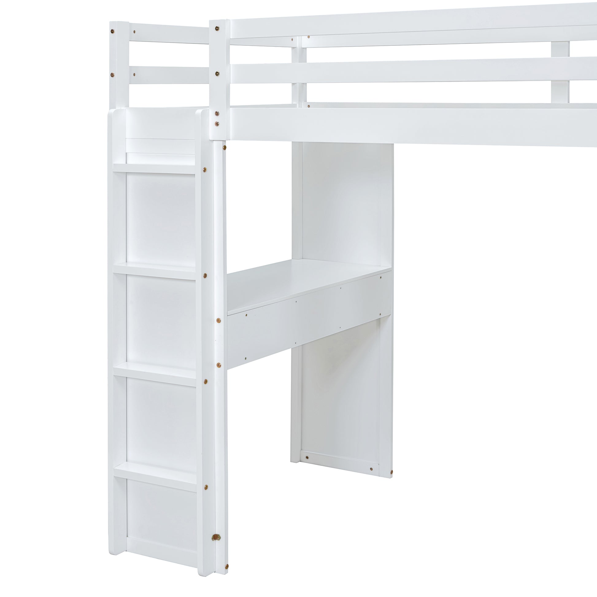 Full Size Loft Bed With Large Shelves, Writing Desk And Led Light, White White Solid Wood Mdf