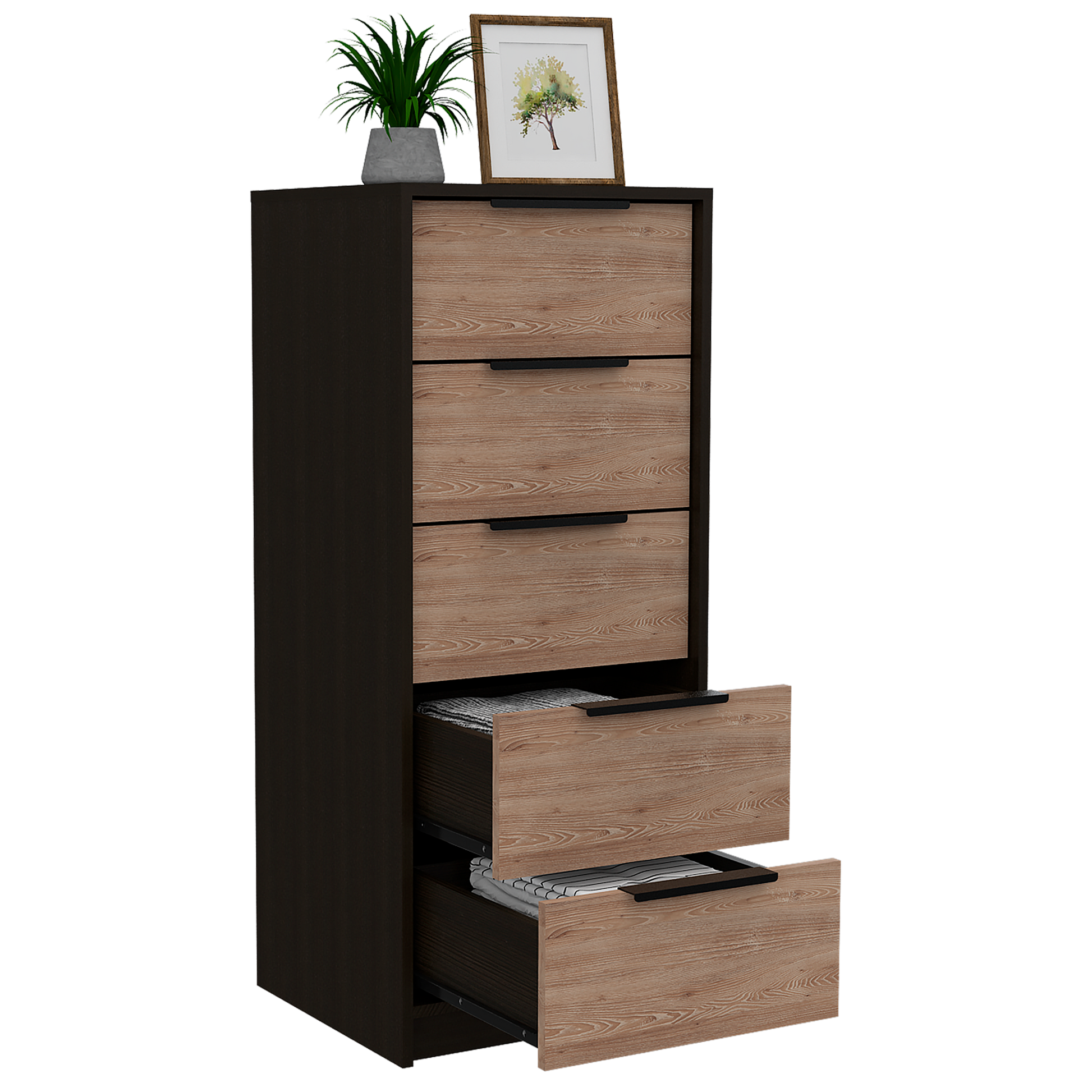 Dresser 42"H, 5 Drawer, Vertical Dresser, Black Light Oak Multicolor Particle Board Particle Board