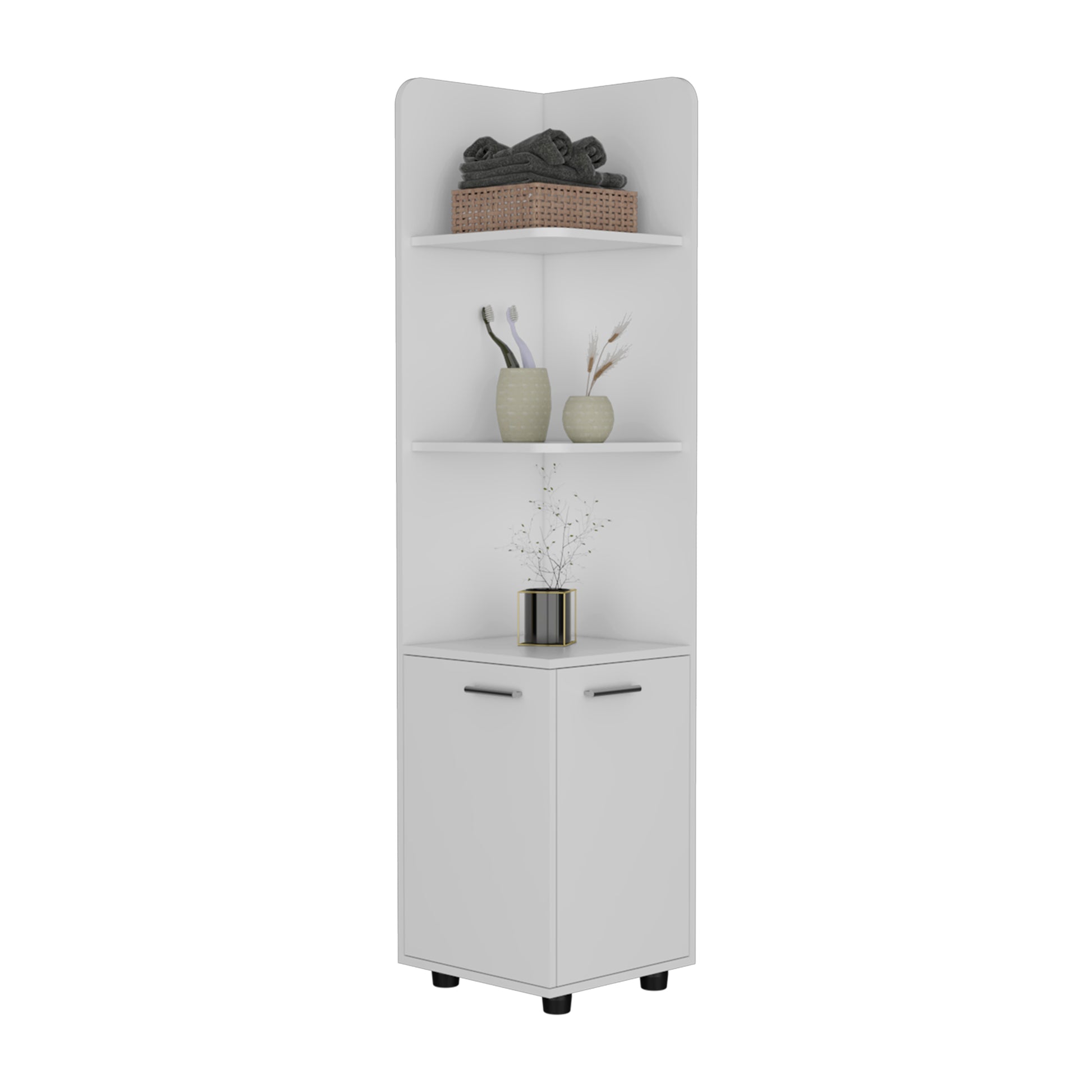 62H" Tall Corner Cabinet With 3 Tier Shelf And 2 Door, White White Particle Board Particle Board