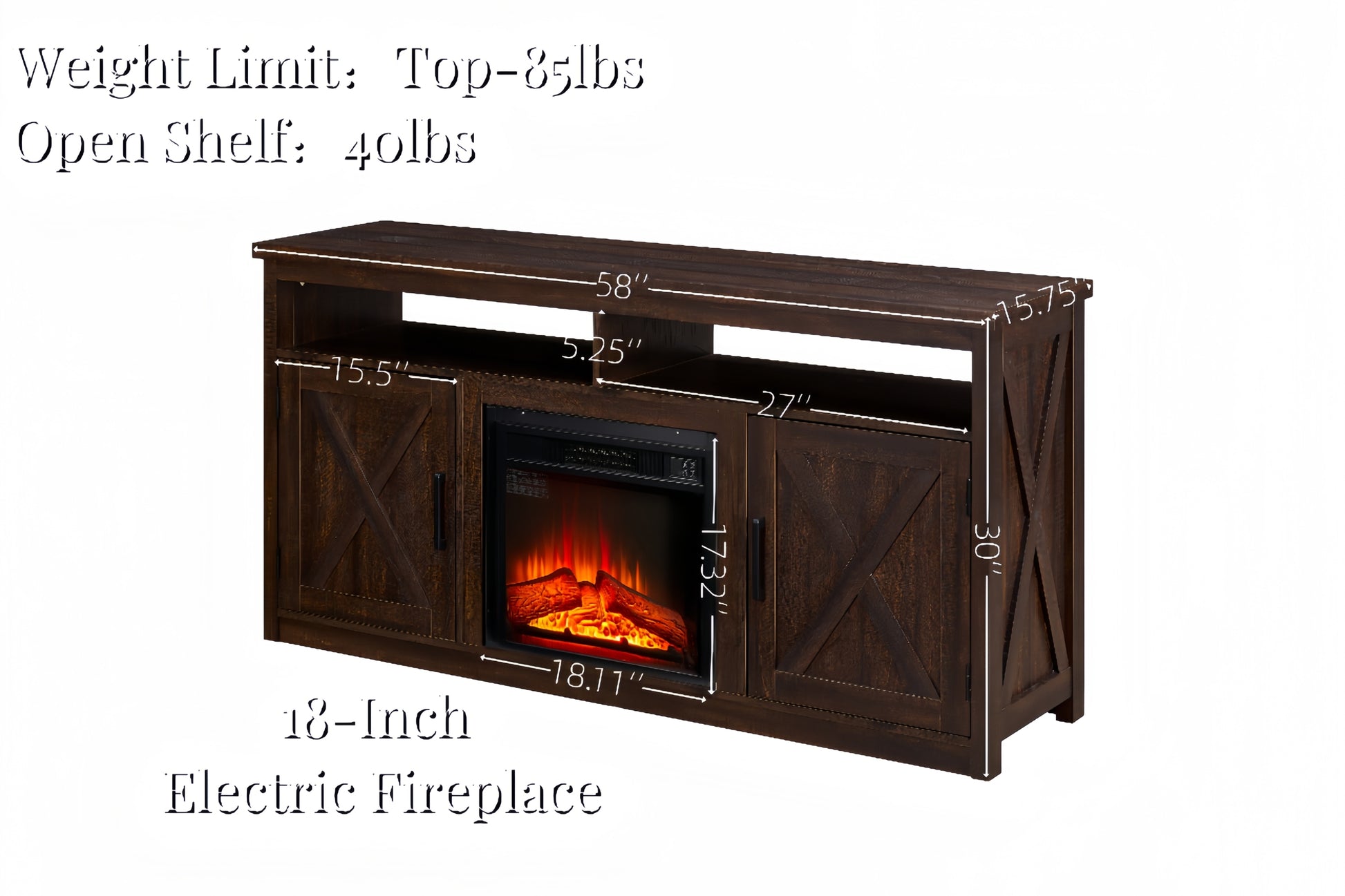 Farmhouse Tv Media Stand, Large Barn Inspired Home Entertainment Console, With 18" Fireplace Insert, For Tv Up To 65'', With Open Shelves And Closed Cabinets, Espresso 57.87*15.75*30.31 Espresso Mdf