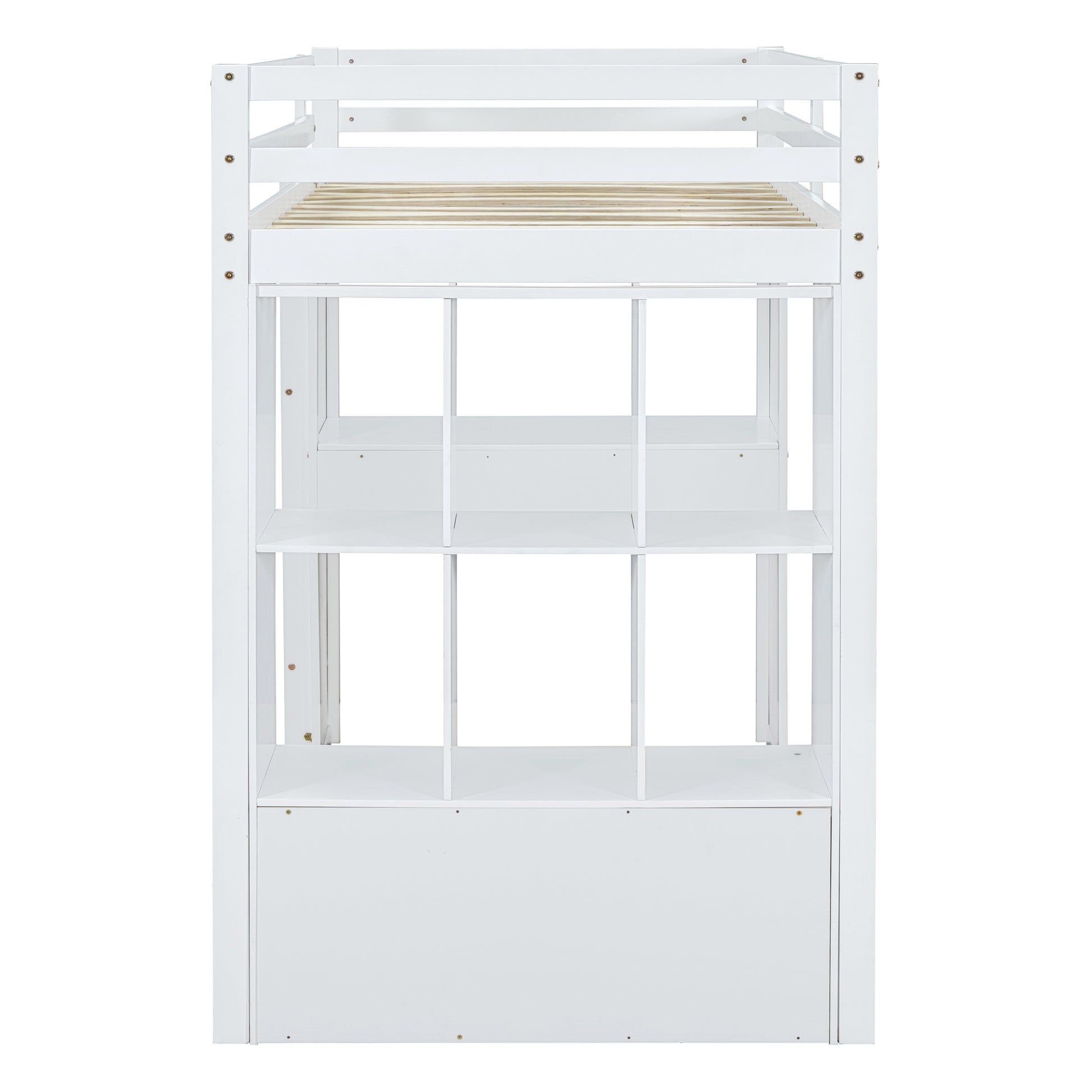 Full Size Loft Bed With Large Shelves, Writing Desk And Led Light, White White Solid Wood Mdf