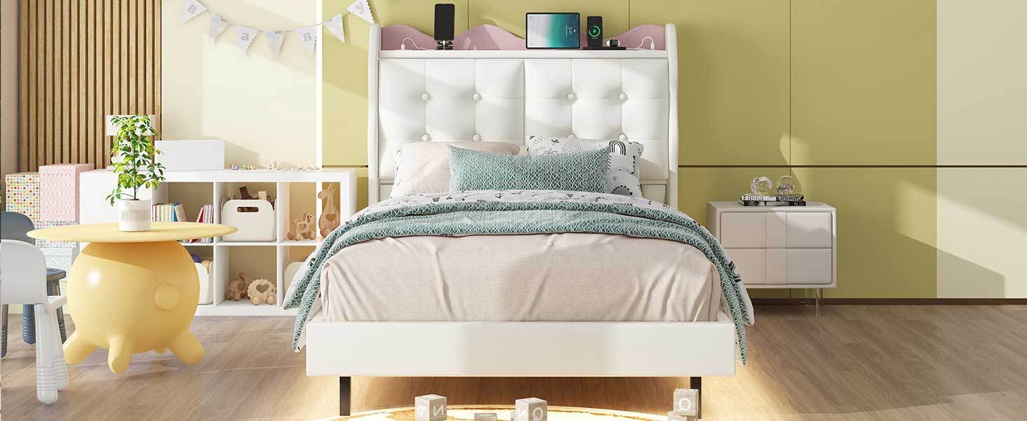 Twin Size Upholstery Platform Bed Frame with LED Light beige-upholstered