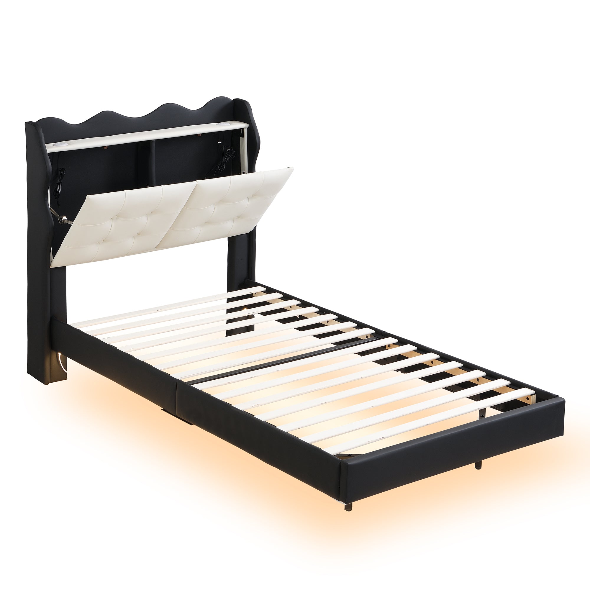 Twin Size Upholstery Platform Bed Frame with LED Light black-upholstered