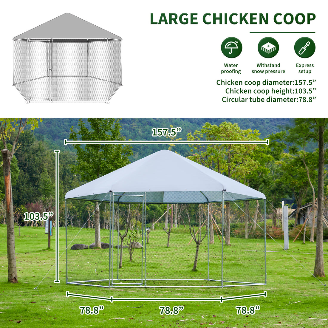 Large Metal Chicken Coop Hexagonal, Steel Wire Dipped Plastic Mesh, Oxford Cloth Silver Plated Waterproof And Uv Resistant, Ducks, Rabbits, Sheep And Birds Outdoor House. 13.1*8.6Ft Silver Metal