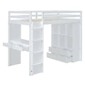 Full Size Loft Bed With Large Shelves, Writing Desk And Led Light, White White Solid Wood Mdf