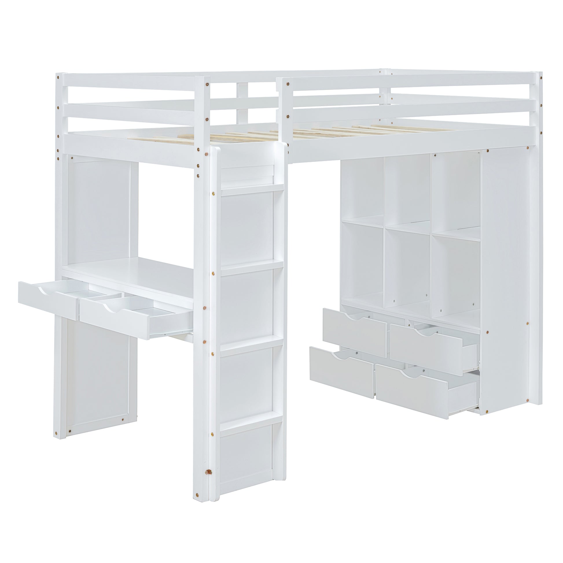 Full Size Loft Bed With Large Shelves, Writing Desk And Led Light, White White Solid Wood Mdf