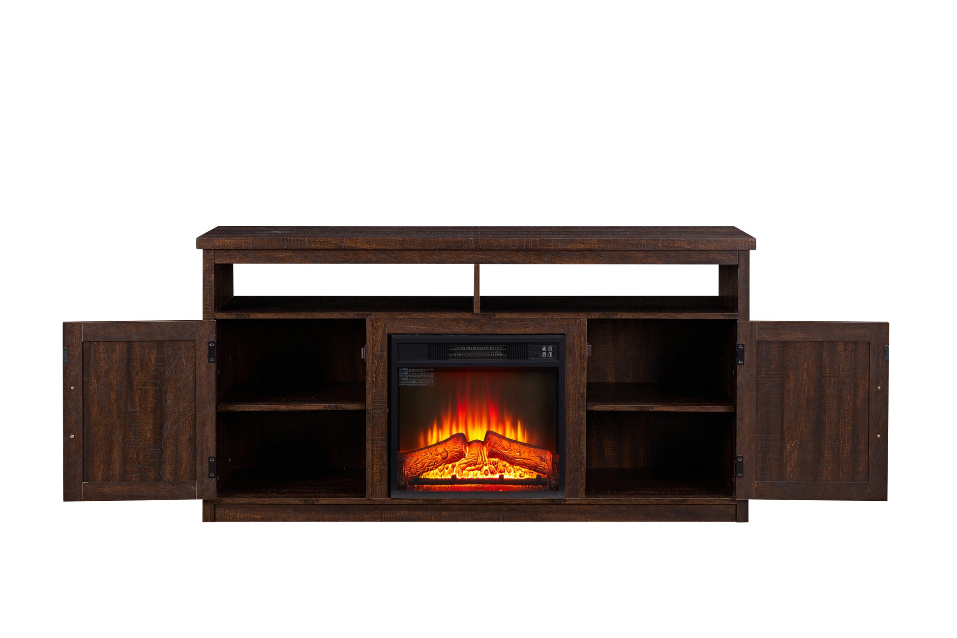 Farmhouse Tv Media Stand, Large Barn Inspired Home Entertainment Console, With 18" Fireplace Insert, For Tv Up To 65'', With Open Shelves And Closed Cabinets, Espresso 57.87*15.75*30.31 Espresso Mdf