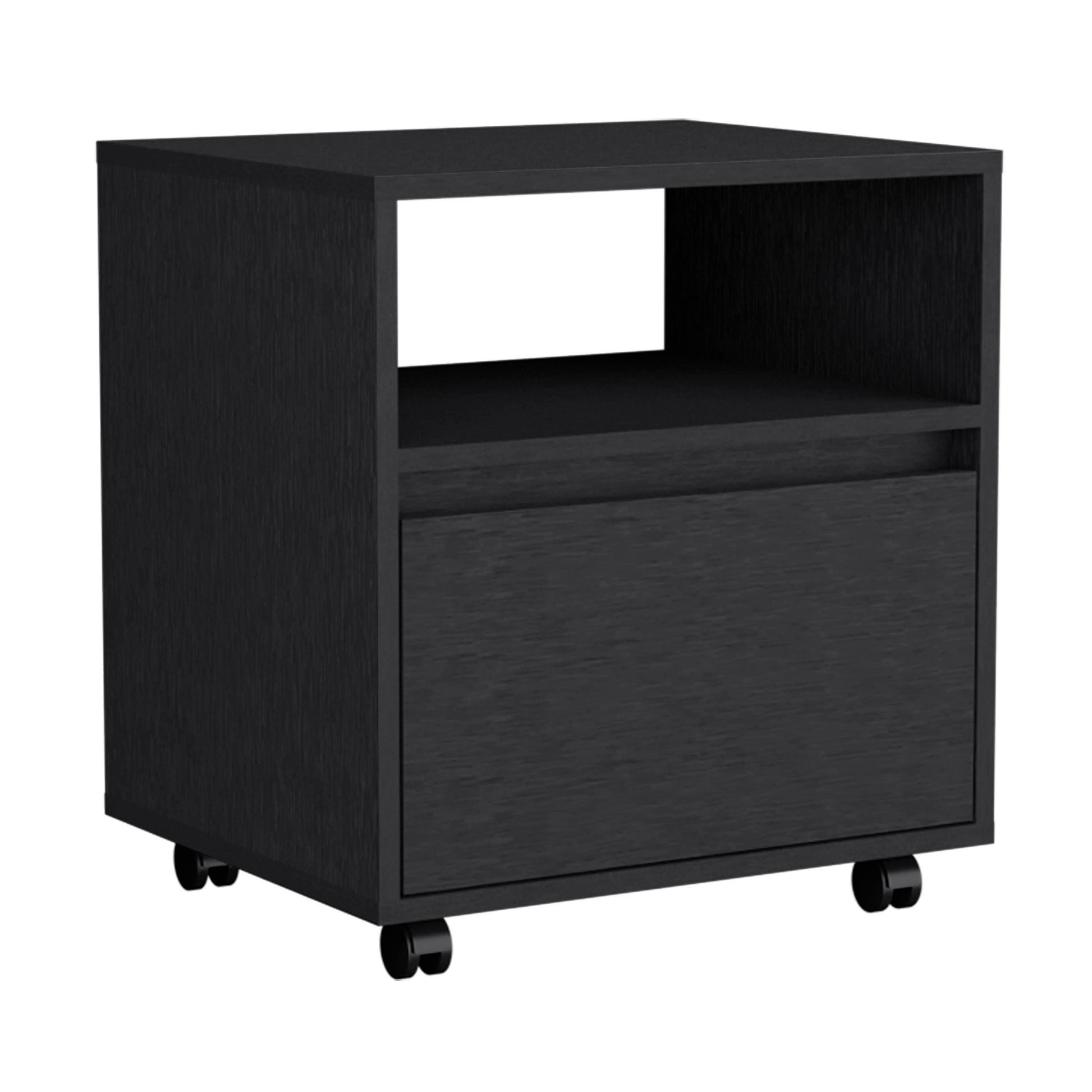 Nightstand 20"H, With One Open Shelf, 1 Drawer And Casters, Black Black Particle Board Particle Board