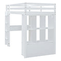 Full Size Loft Bed With Large Shelves, Writing Desk And Led Light, White White Solid Wood Mdf