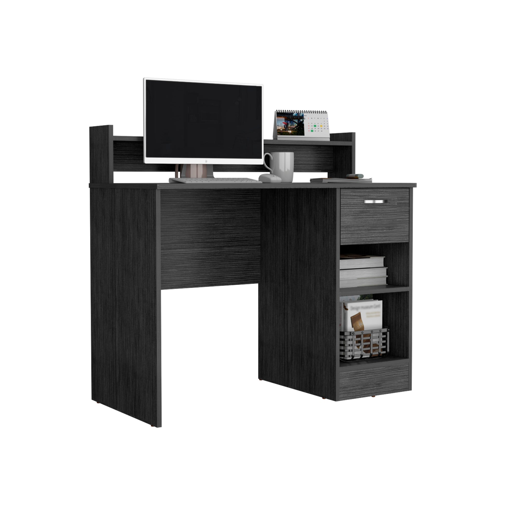 Vera Computer Desk With Top Open Shelf, 1 Drawer And 2 Storage Shelves, Smokey Oak Gray Particle Board Particle Board