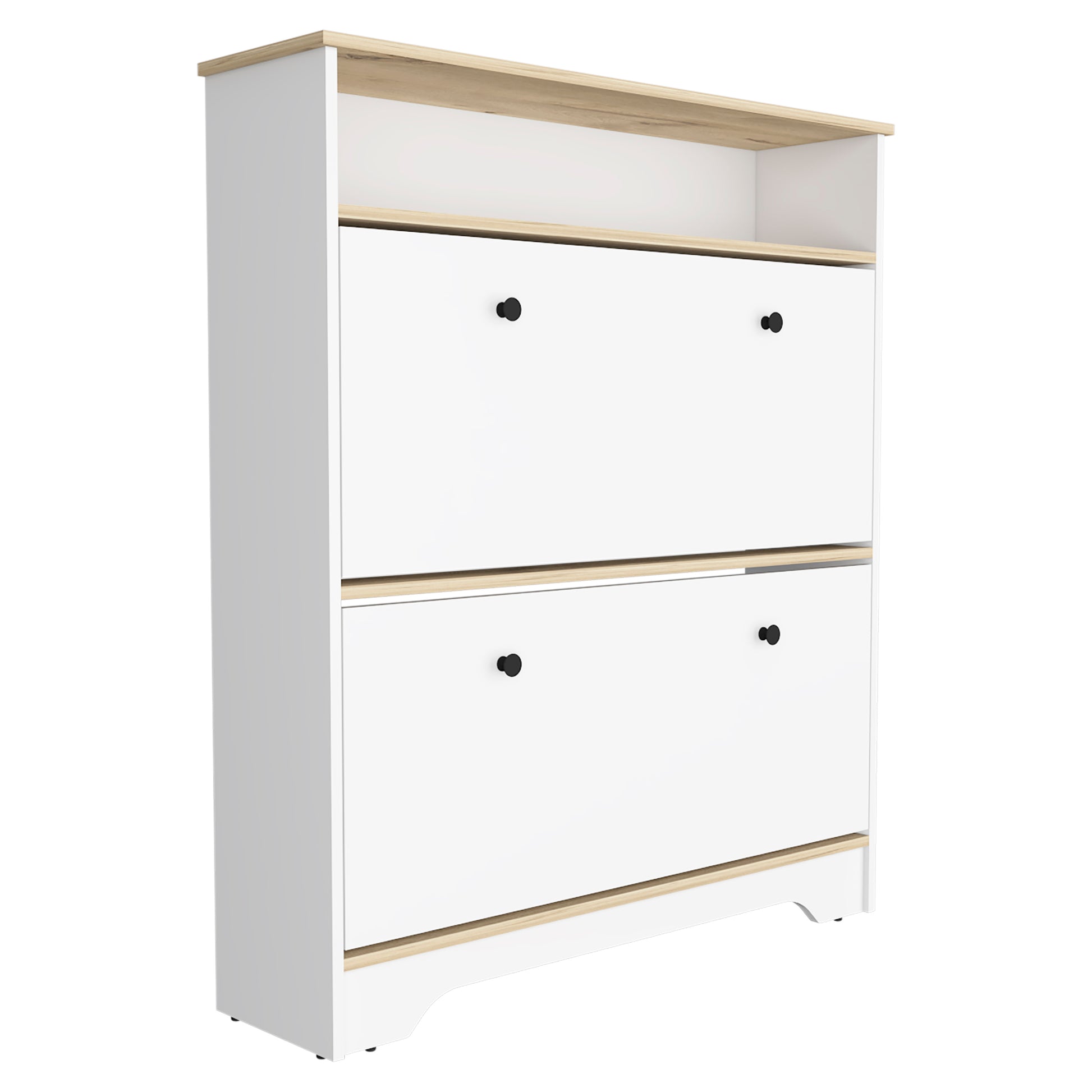 Shoe Rack 46" H, One Open Storage Shelf, Two Internal Storage Drawers, Two Doors, Light Oak White Multicolor Particle Board Particle Board