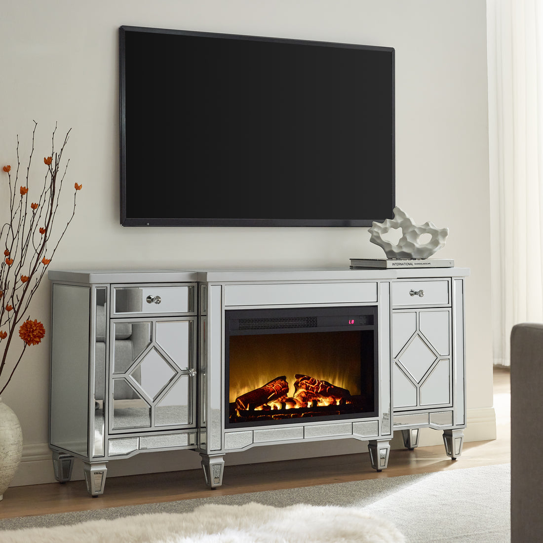 W 57" X D 15 " X H 25.6" Flash Silver Combination Tv Fireplace Cabinet Powder Coated Up To 40 Electric Yes Silver 400 Natural Vent Dining Room American Design Yes Insert Mdf Glass Electric