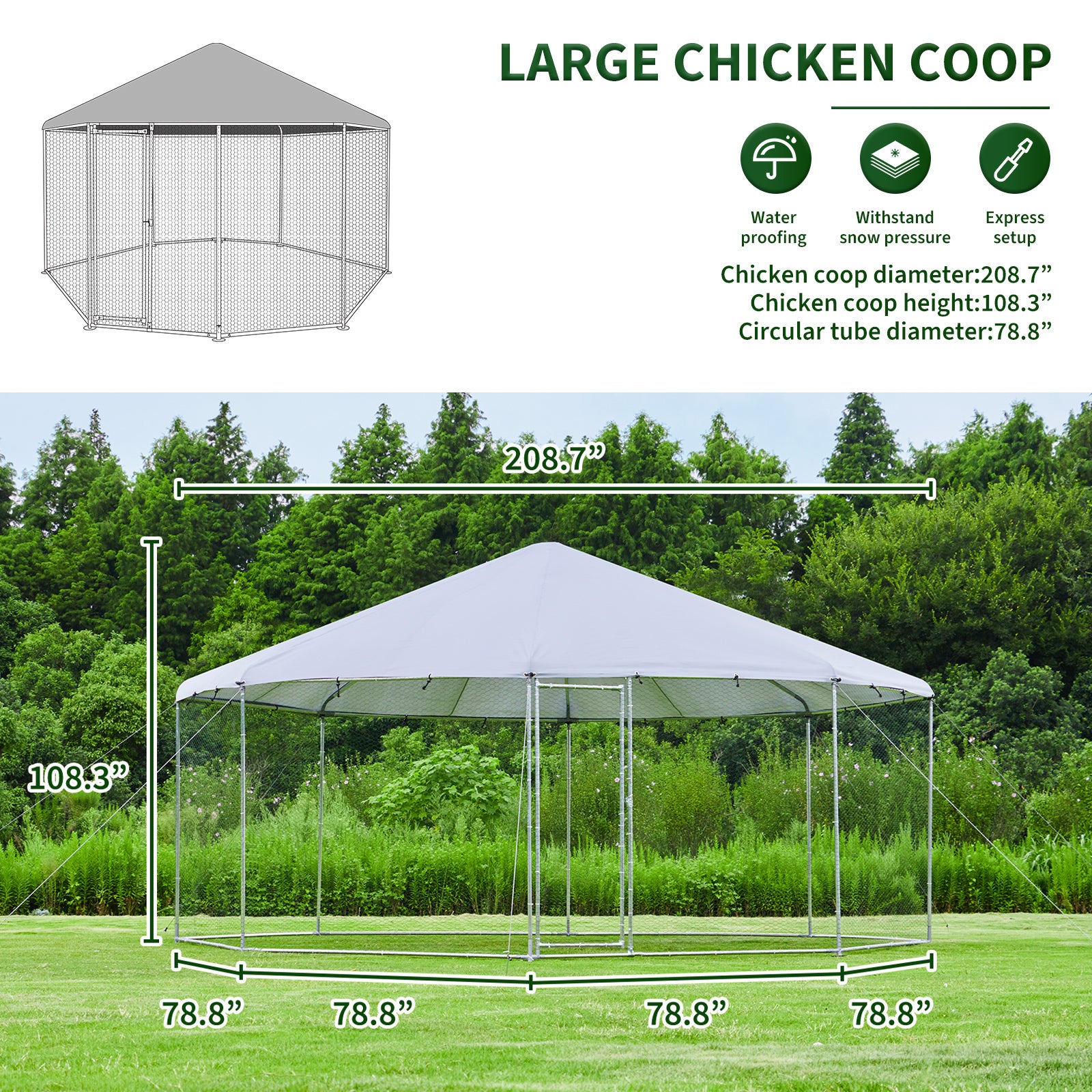 Large Metal Chicken Coop Octagon, Steel Wire Dipped Plastic Mesh, Oxford Cloth Silver Plated Waterproof And Uv Resistant, Ducks, Rabbits, Sheep And Birds Outdoor House. 17.4*9 Ft Silver Metal