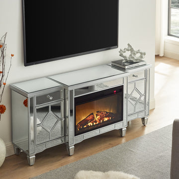 W 57" X D 15 " X H 25.6" Flash Silver Combination Tv Fireplace Cabinet Powder Coated Up To 40 Electric Yes Silver 400 Natural Vent Dining Room American Design Yes Insert Mdf Glass Electric