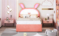 Full Size Upholstered Platform Bed With Trundle And 3 Drawers, Rabbit Shaped Headboard With Embedded Led Lights, Pink Pink Velvet