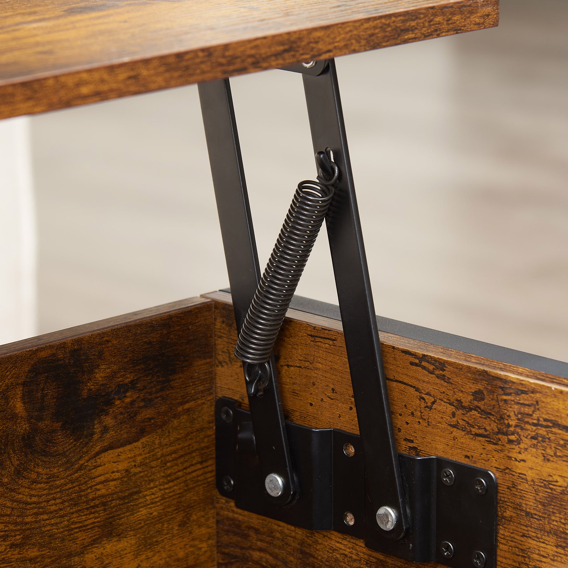 Lift Top Coffee Table, Multi Function Coffee Table With Hidden Compartment, Modern Lift Tabletop Dining Table For Living Room Reception Home Office, Rustic Brown Antique Brown Metal & Wood