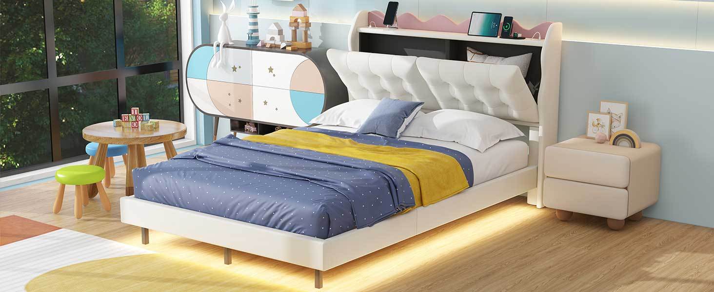 Full Size Upholstery Platform Bed Frame with LED Light beige-upholstered