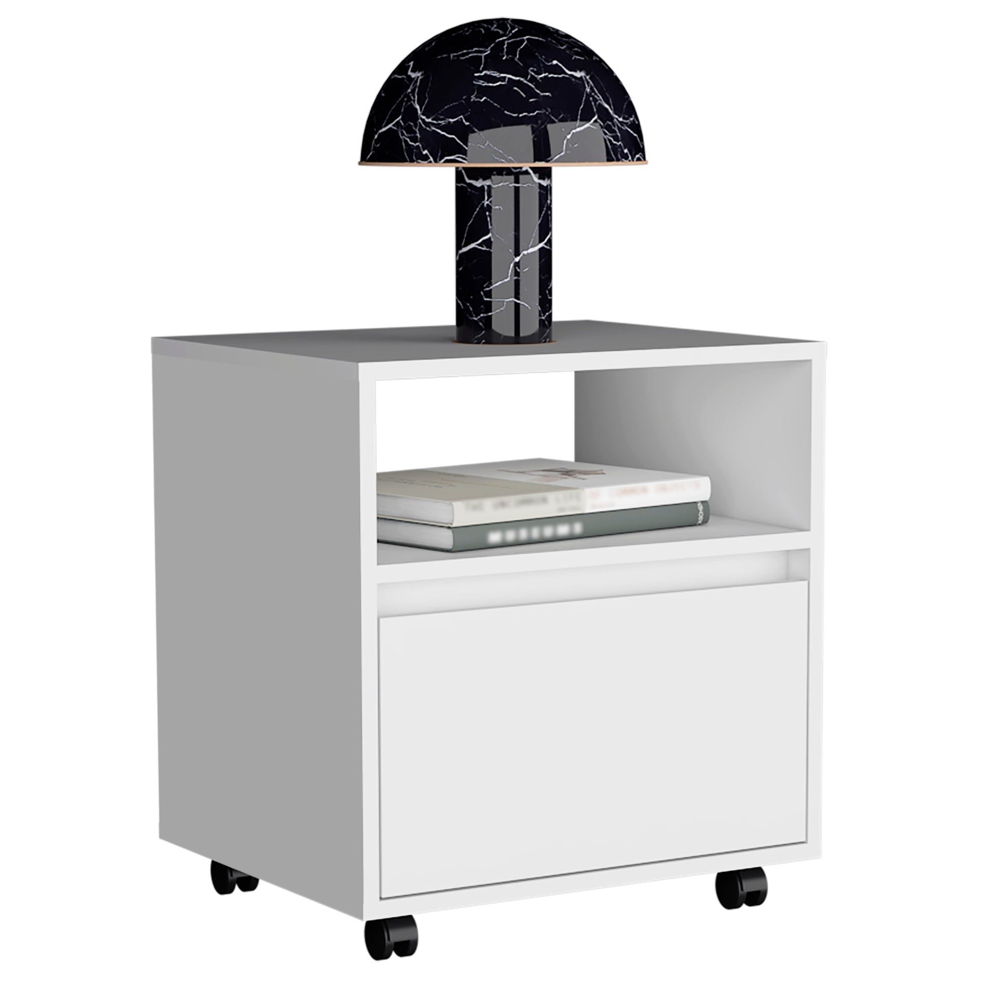 Nightstand 20"H, With One Open Shelf, 1 Drawer And Casters, White White Particle Board Particle Board