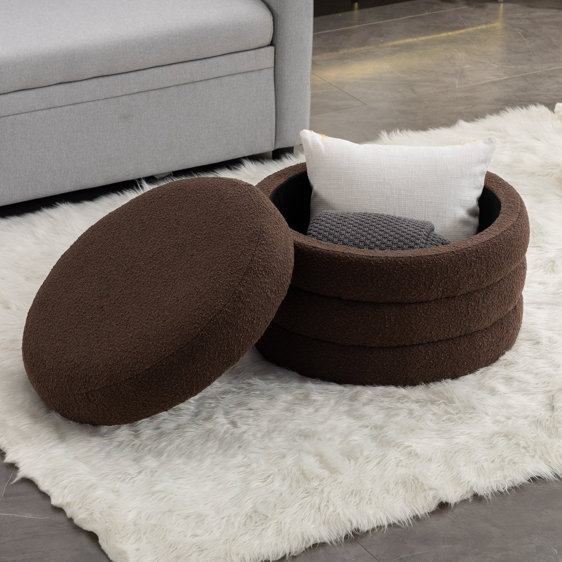 007 Boucle Fabric Storage Round Ottoman Footstool With Wooden Shelving,Brown White Wood Primary Living Space Brown Solid Eucalyptus Wood With Storage Brown Backless Soft Modern Flip Top Round Armless Foam Boucle