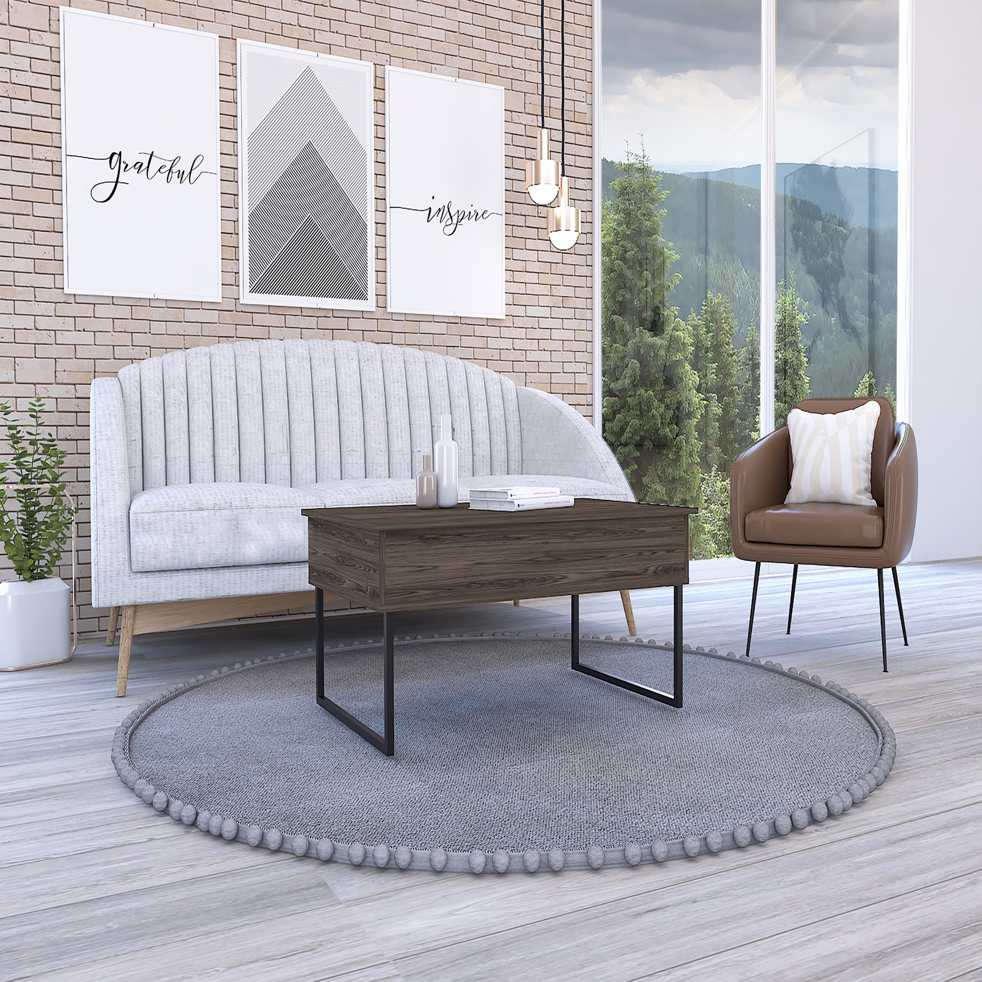 Viena Lift Top Coffee Table, Flexible Shelf, Two Legsdark Walnut Brown Particle Board Particle Board