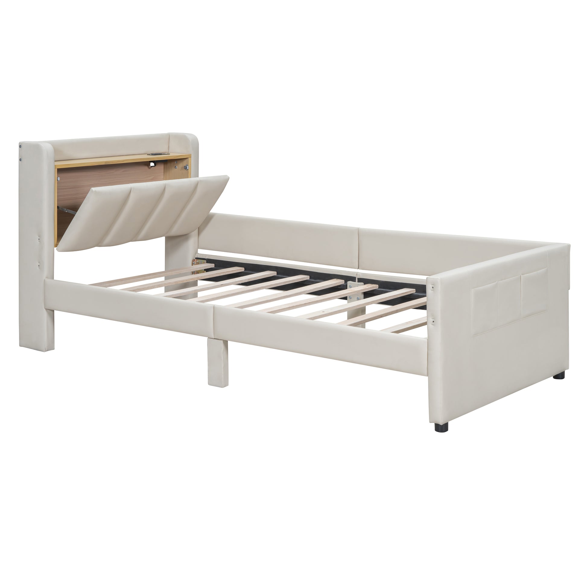 Queen Size & Twin Xl Size Upholstered Platform Bed, Mother & Child Bed With Hydraulic Storage System, Drawer Box, Bedhead Storage Shelf And Two Pairs Of Sockets & Usb Ports, Pu Leather, Beige Beige Pu Leather