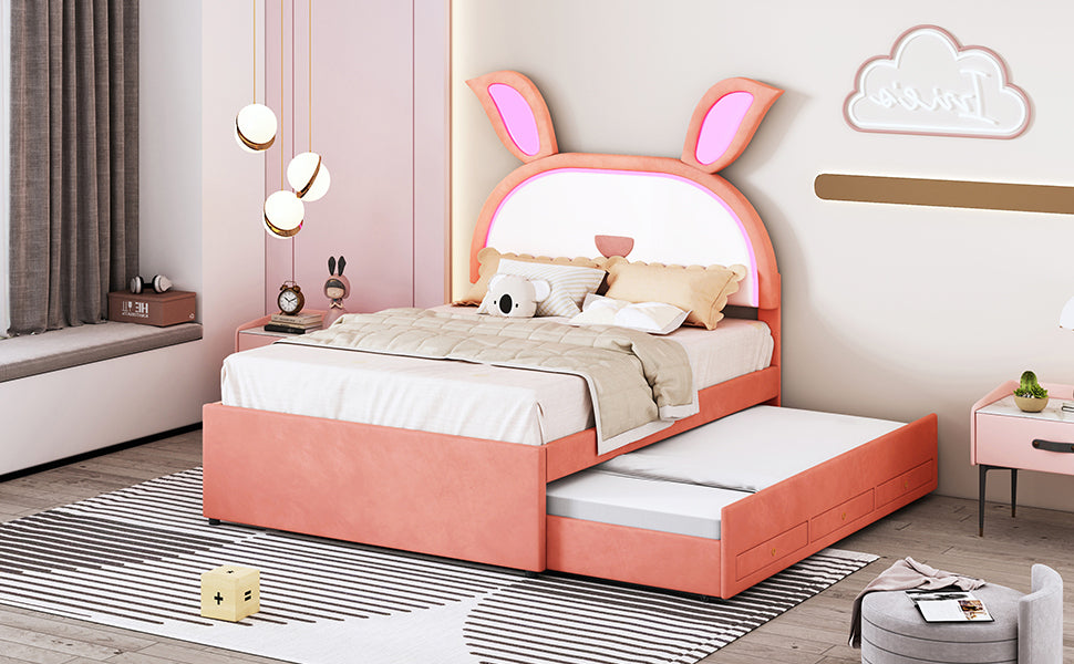 Full Size Upholstered Platform Bed With Trundle And 3 Drawers, Rabbit Shaped Headboard With Embedded Led Lights, Pink Pink Velvet