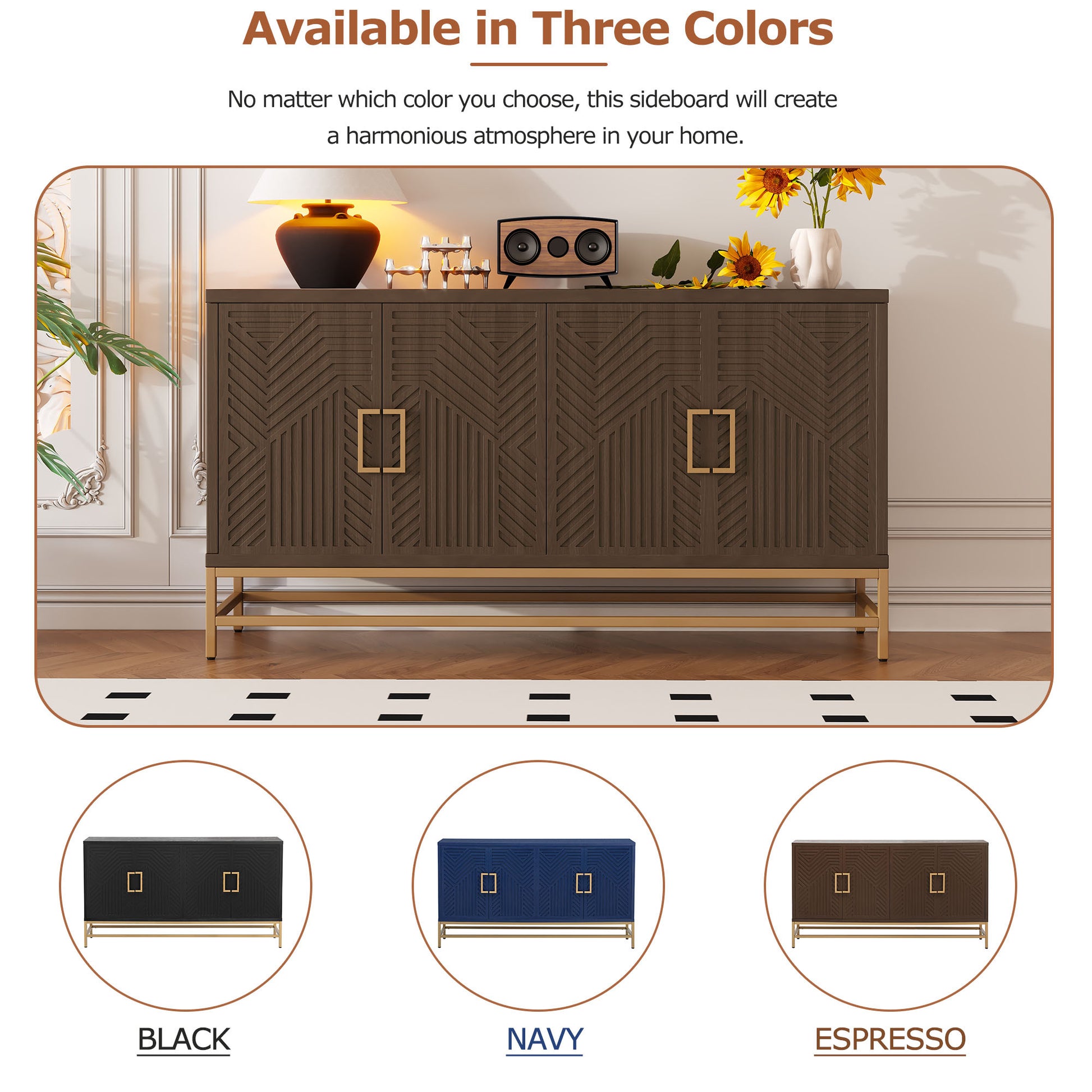 Retro Style Sideboard With Adjustable Shelves, Rectangular Metal Handles And Legs For Kitchen, Living Room, And Dining Room Espresso Espresso Mdf