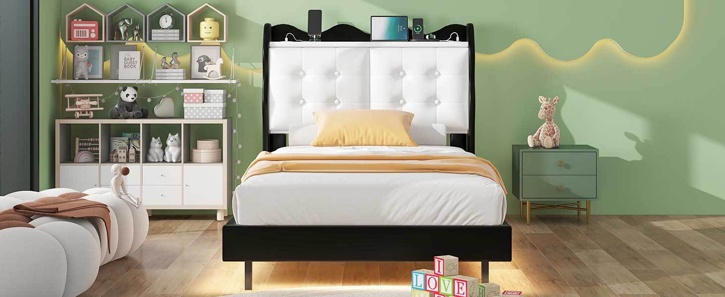 Twin Size Upholstery Platform Bed Frame With Led Light Strips,Headboard Storage Space And Two Usb Charging Deisgn,Black Black Upholstered