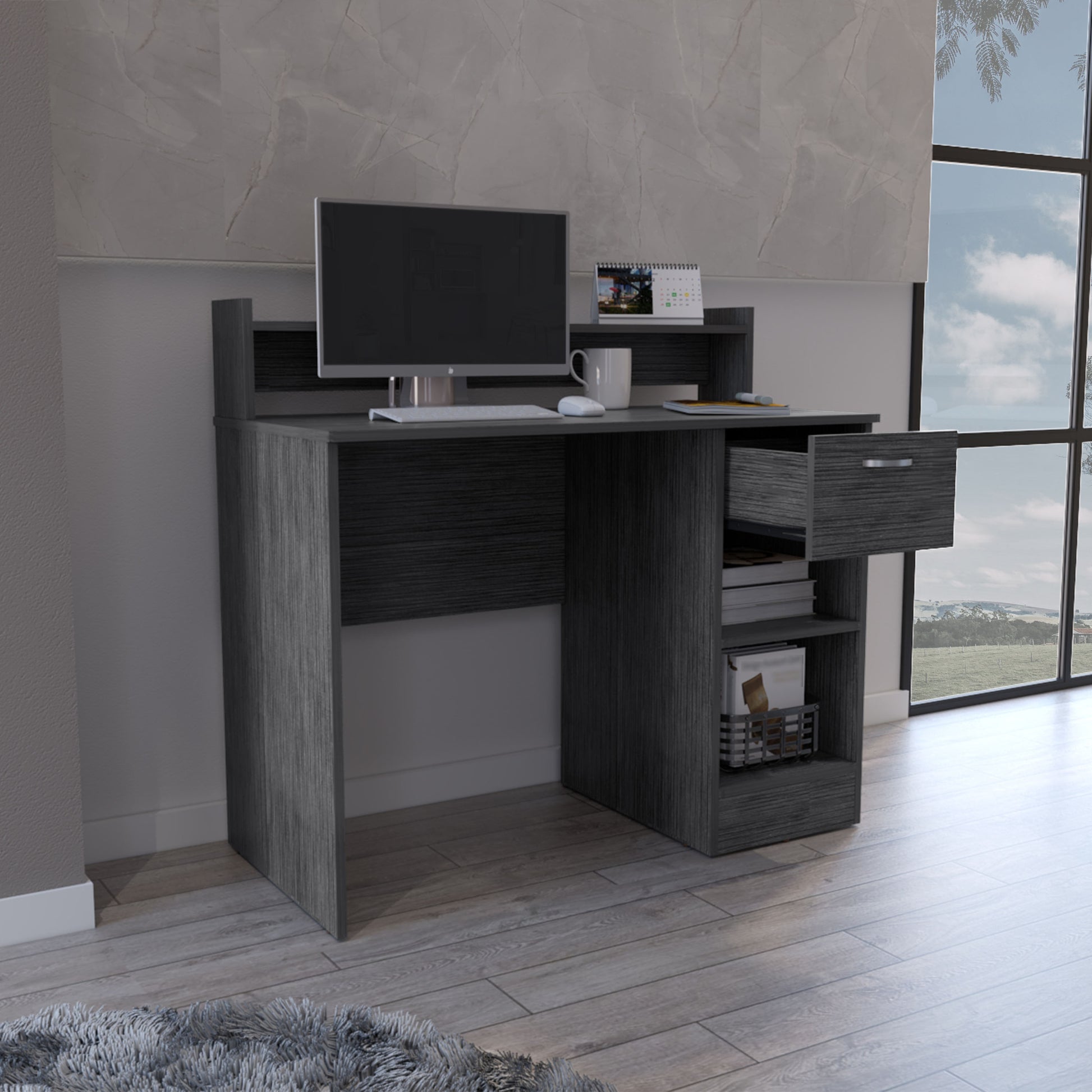 Vera Computer Desk With Top Open Shelf, 1 Drawer And 2 Storage Shelves, Smokey Oak Gray Particle Board Particle Board