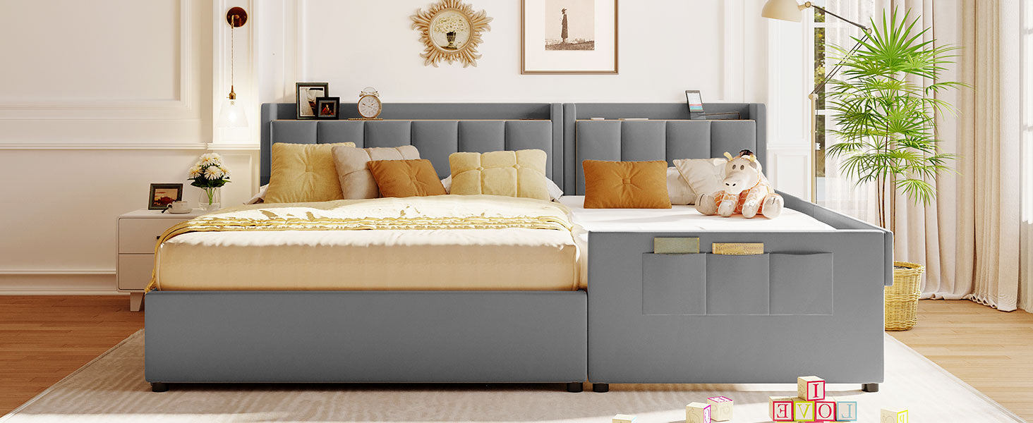 Queen Size & Twin Xl Size Upholstered Platform Bed, Mother & Child Bed With Hydraulic Storage System, Drawer Box, Bedhead Storage Shelf And Two Pairs Of Sockets & Usb Ports, Pu Leather, Gray Gray Pu Leather