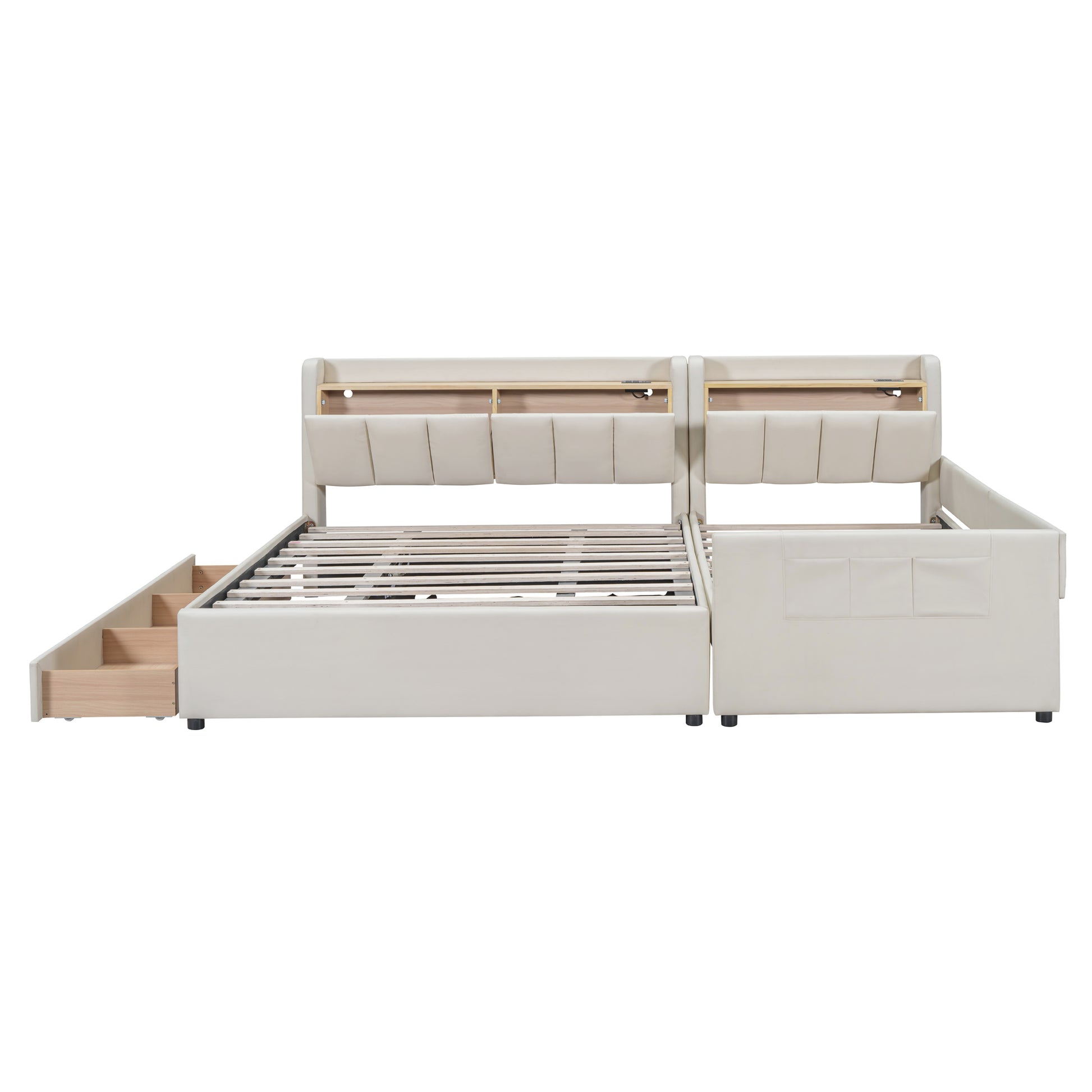 Queen Size & Twin Xl Size Upholstered Platform Bed, Mother & Child Bed With Hydraulic Storage System, Drawer Box, Bedhead Storage Shelf And Two Pairs Of Sockets & Usb Ports, Pu Leather, Beige Beige Pu Leather