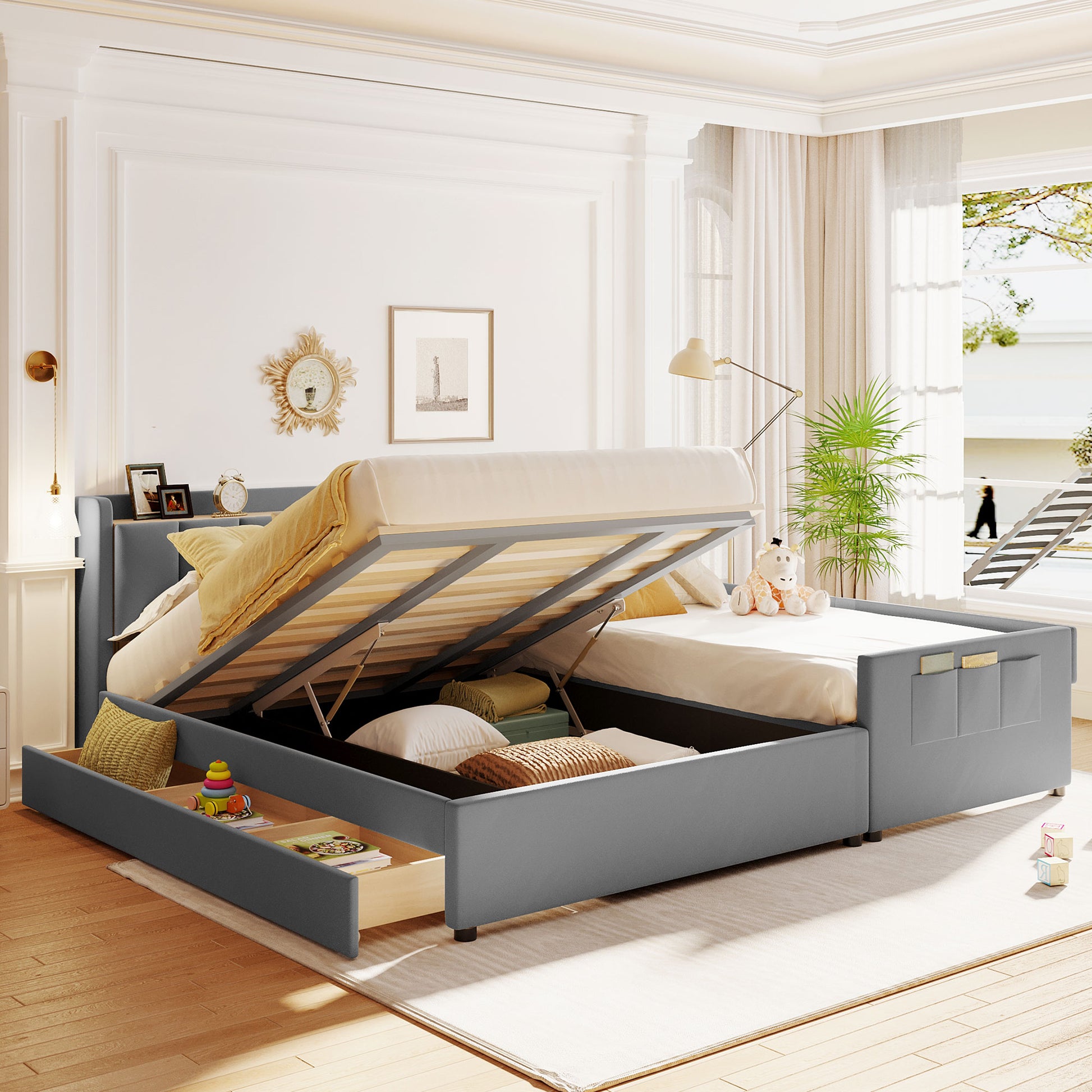 Queen Size & Twin Xl Size Upholstered Platform Bed, Mother & Child Bed With Hydraulic Storage System, Drawer Box, Bedhead Storage Shelf And Two Pairs Of Sockets & Usb Ports, Pu Leather, Gray Gray Pu Leather