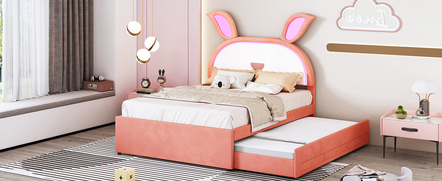Full Size Upholstered Platform Bed With Trundle And 3 Drawers, Rabbit Shaped Headboard With Embedded Led Lights, Pink Pink Velvet
