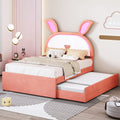 Full Size Upholstered Platform Bed With Trundle And 3 Drawers, Rabbit Shaped Headboard With Embedded Led Lights, Pink Pink Velvet