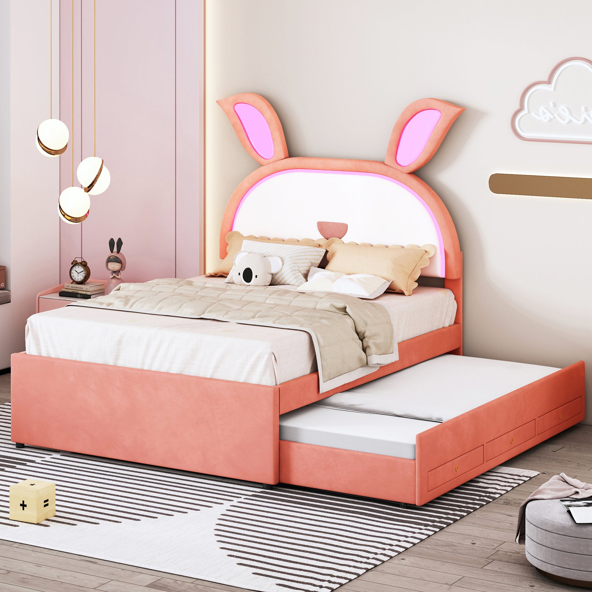 Full Size Upholstered Platform Bed With Trundle And 3 Drawers, Rabbit Shaped Headboard With Embedded Led Lights, Pink Pink Velvet