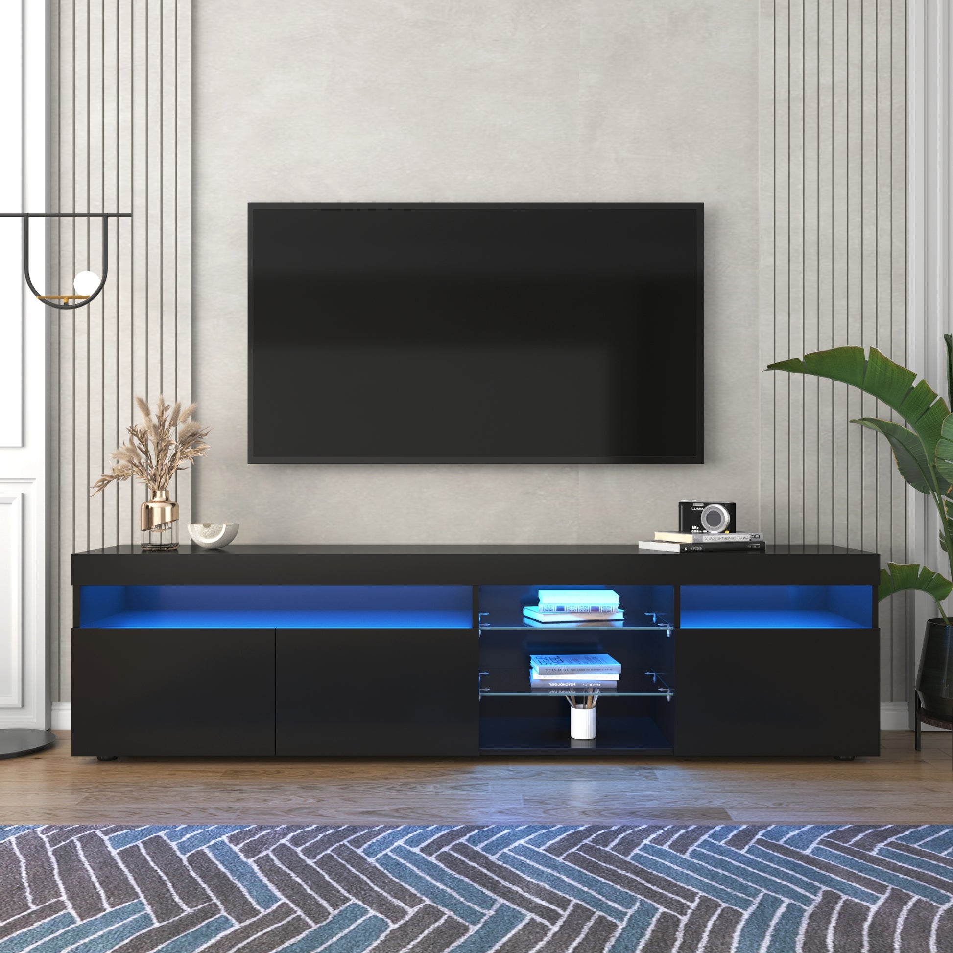 Modern Design Tv Stands For Tvs Up To 80'', Led Light Entertainment Center, Media Console With Multi Functional Storage, Tv Cabinet For Living Room,Bedroom, Home Theatre Black Primary Living Space 70 79 Inches 70 79 Inches Particle Board