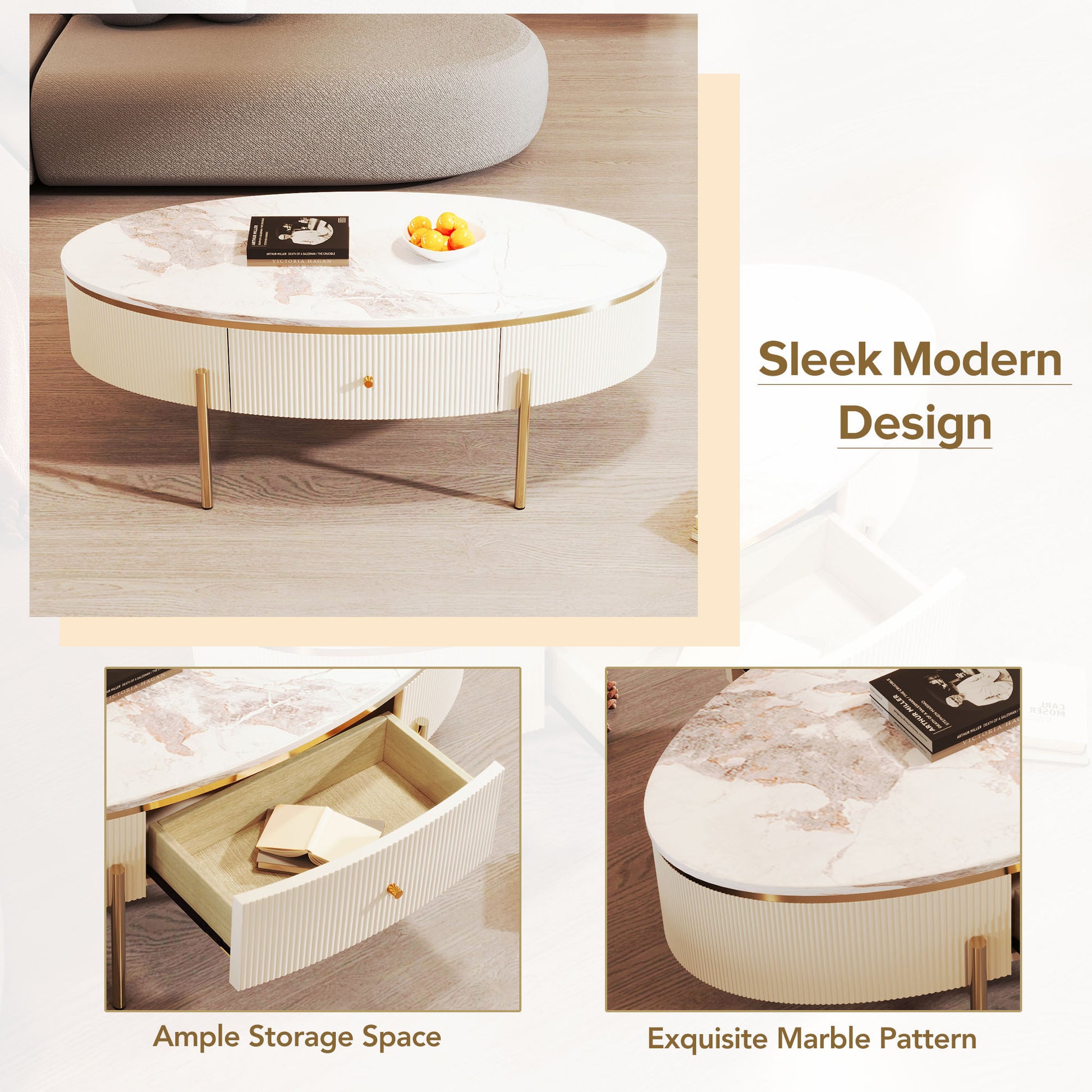 Modern Oval Coffee Table With 2 Large Drawers Storage Accent Table Off White Mdf