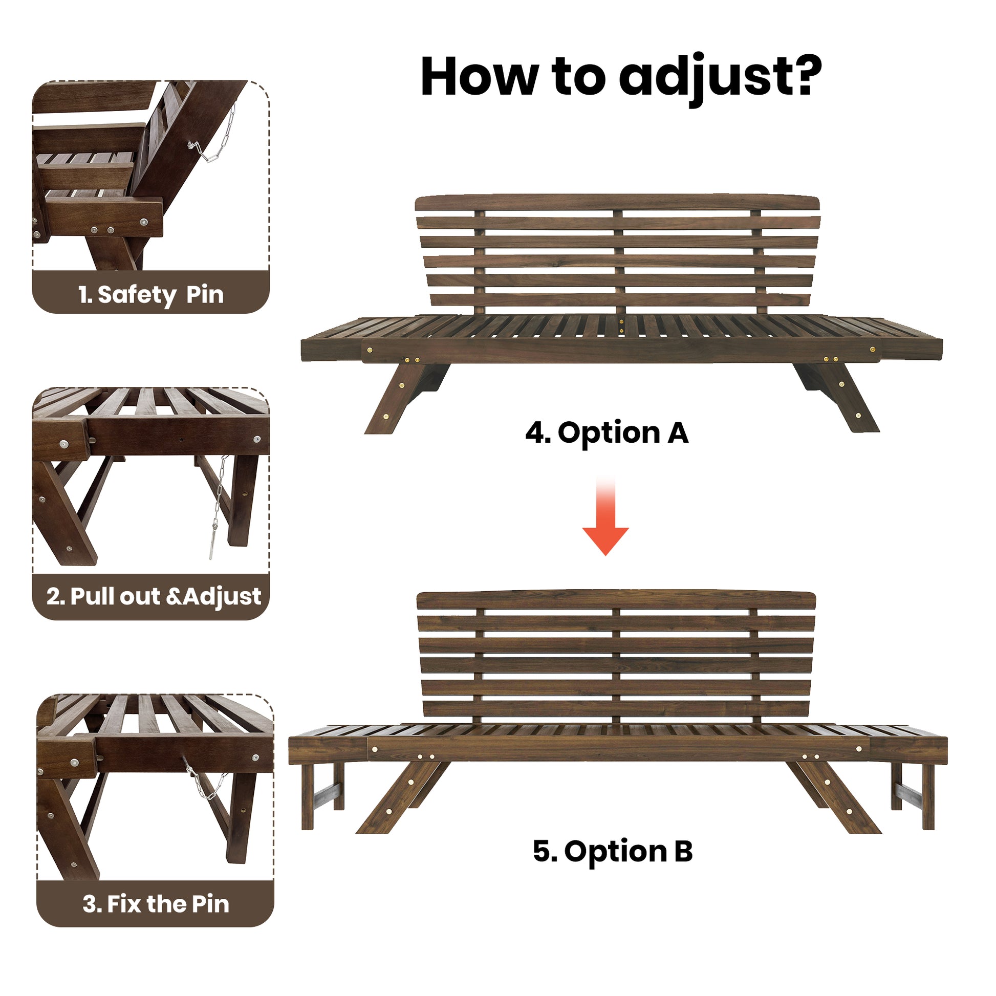 Outdoor Adjustable Patio Wooden Daybed Sofa Chaise Lounge With Cushions For Small Places, Brown Finish Gray Cushion Yes Complete Patio Set Gray Water Resistant Frame Water Resistant Cushion Garden & Outdoor Casual Sofa Seating Groups Foam Solid Wood