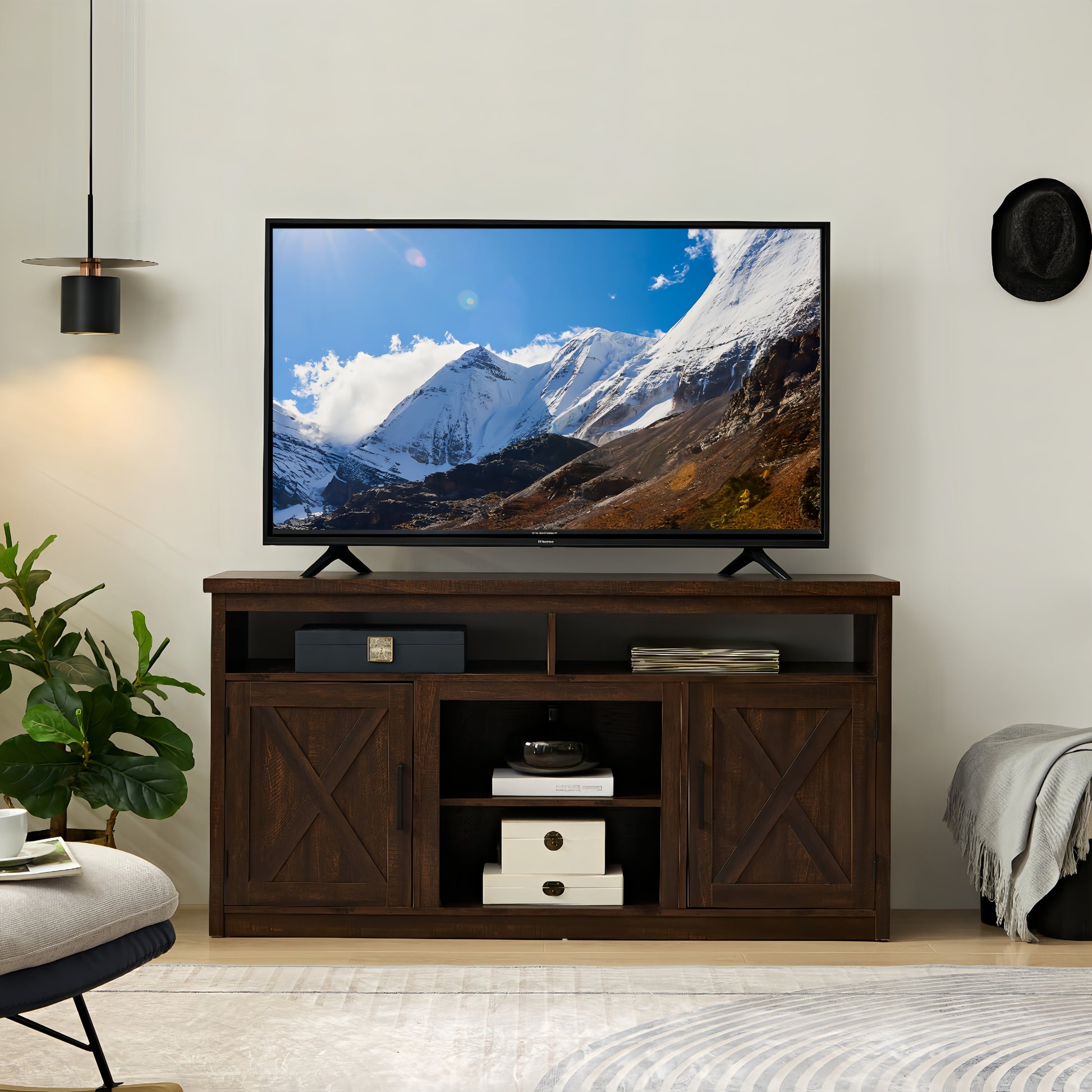 Farmhouse Barn Door Tv Media Stand Modern Entertainment Console For Tv Up To 65" With Open And Closed Storage Space,Espresso L57.87*W15.75*H30.31 Espresso 50 59 Inches Mdf