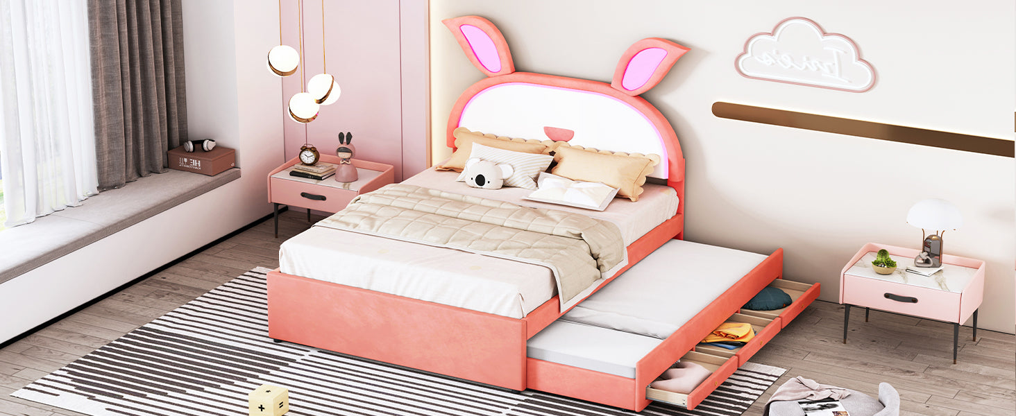 Full Size Upholstered Platform Bed With Trundle And 3 Drawers, Rabbit Shaped Headboard With Embedded Led Lights, Pink Pink Velvet