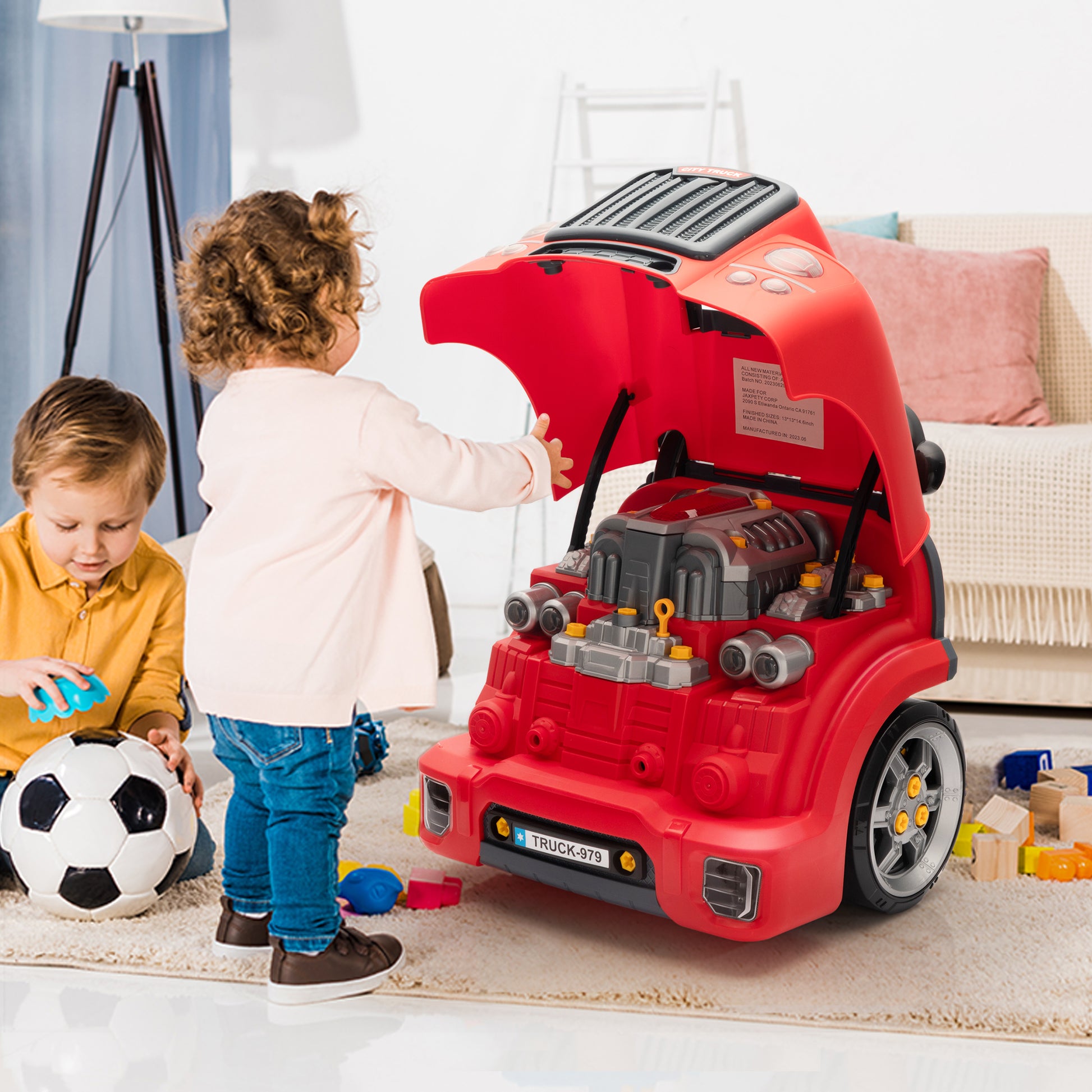 Large Truck Engine Toy, Kids Mechanic Repair Set, Take Apart Motor Vehicle, Pretend Play Car Service Station With Light Horn Alarm, Gifts For Boys And Girls, Red Red Abs