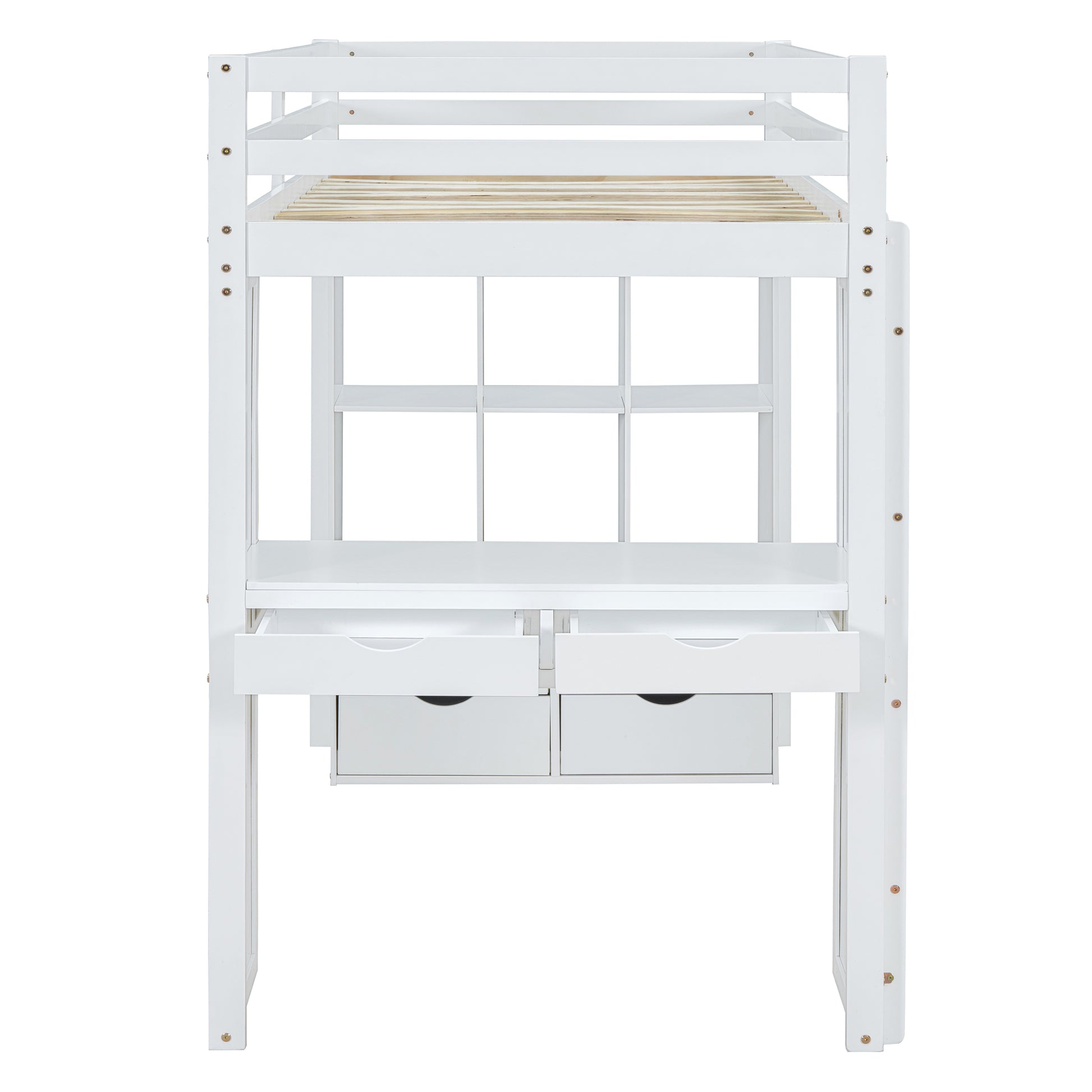 Full Size Loft Bed With Large Shelves, Writing Desk And Led Light, White White Solid Wood Mdf