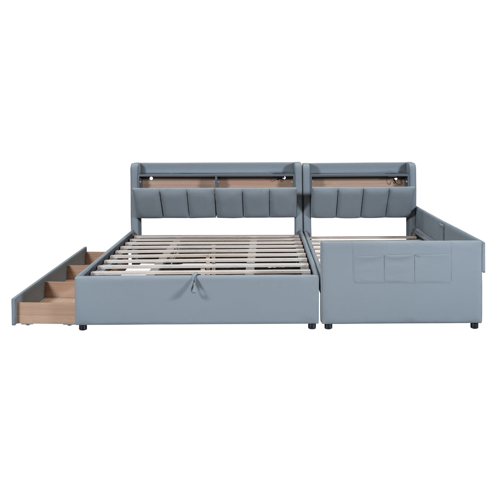 Queen Size & Twin Xl Size Upholstered Platform Bed, Mother & Child Bed With Hydraulic Storage System, Drawer Box, Bedhead Storage Shelf And Two Pairs Of Sockets & Usb Ports, Pu Leather, Gray Gray Pu Leather