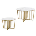 Modern Round Nesting Coffee Table Set 2 Piece White & Marbling Top Gold Base White Mdf