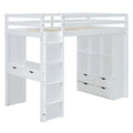 Full Size Loft Bed With Large Shelves, Writing Desk And Led Light, White White Solid Wood Mdf