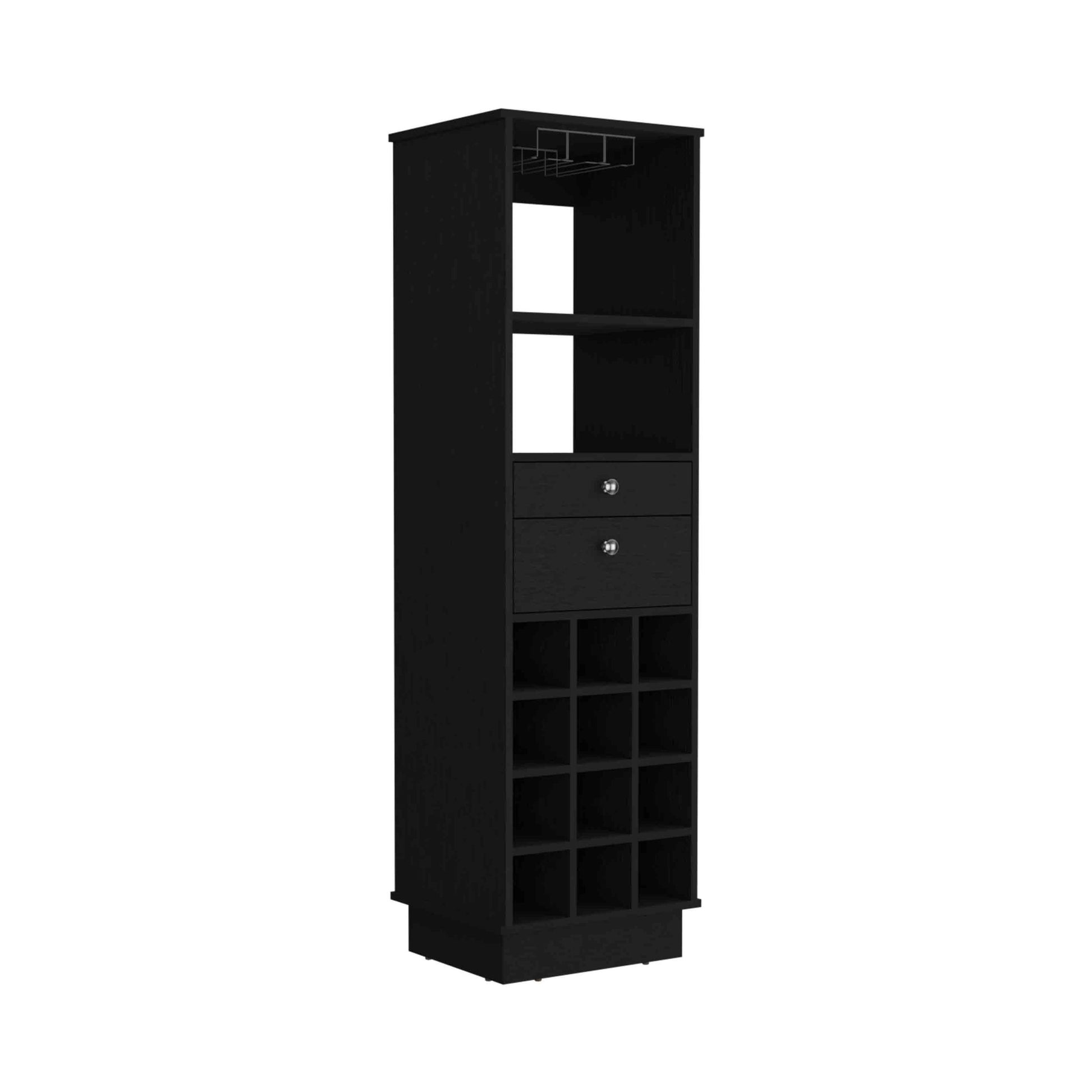 32" H Black Bar Coffee Cart, Kitchen Or Living Room Cabinet Storage, With 4 Wheels, Folding Surface, 2 Central Drawers Covered By Folding Doors, Ideal For Storing Glasses, And Snacks. Black Particle Board Particle Board