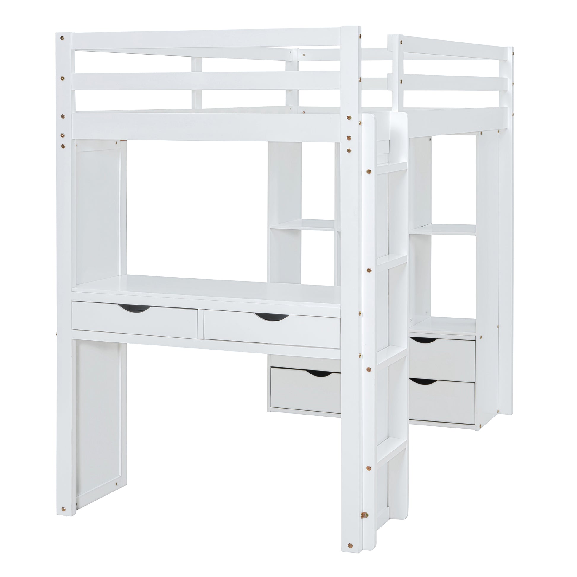 Full Size Loft Bed With Large Shelves, Writing Desk And Led Light, White White Solid Wood Mdf